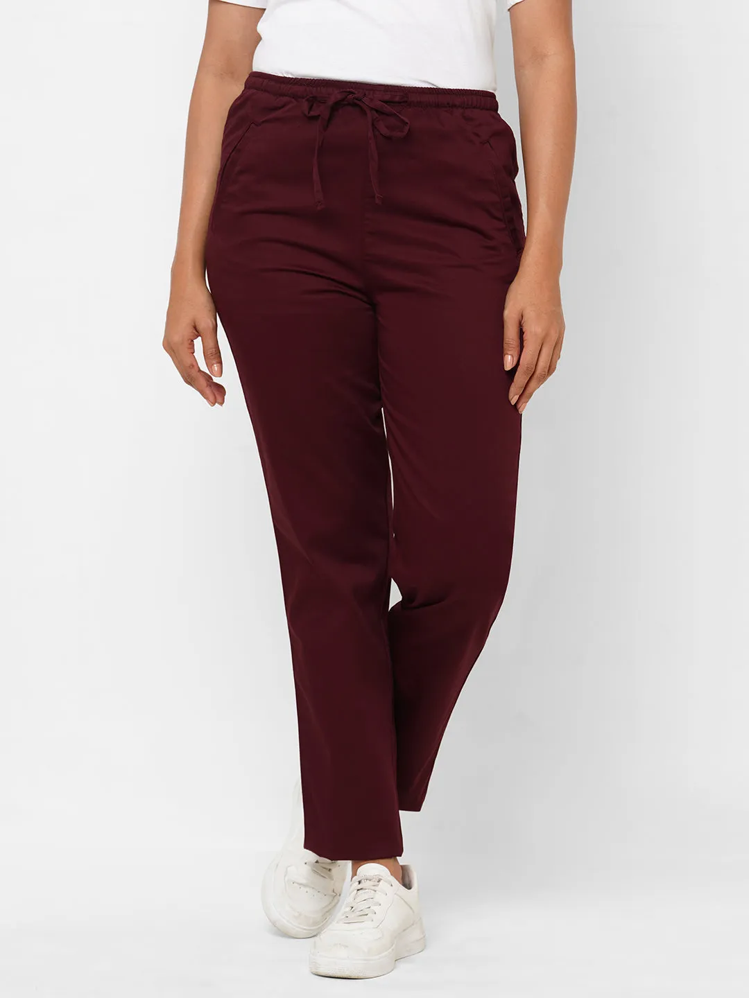 Women's Maroon/Red Cotton Lycra Regular Fit Pant