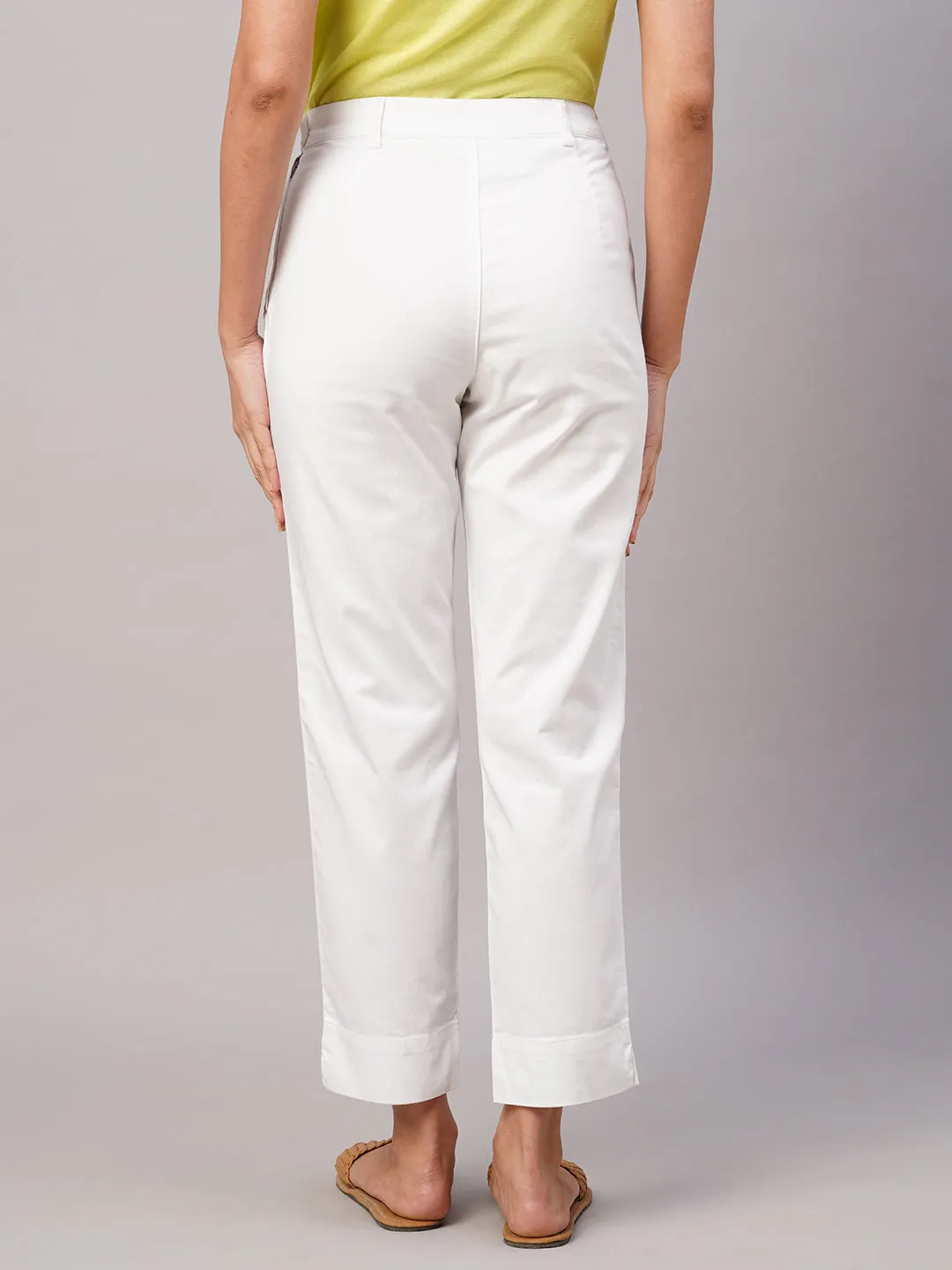 Women's White Cotton Lycra Regular Fit Pant