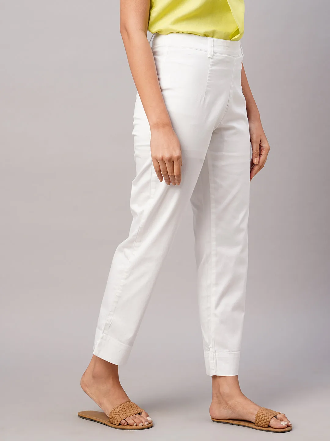 Women's White Cotton Lycra Regular Fit Pant