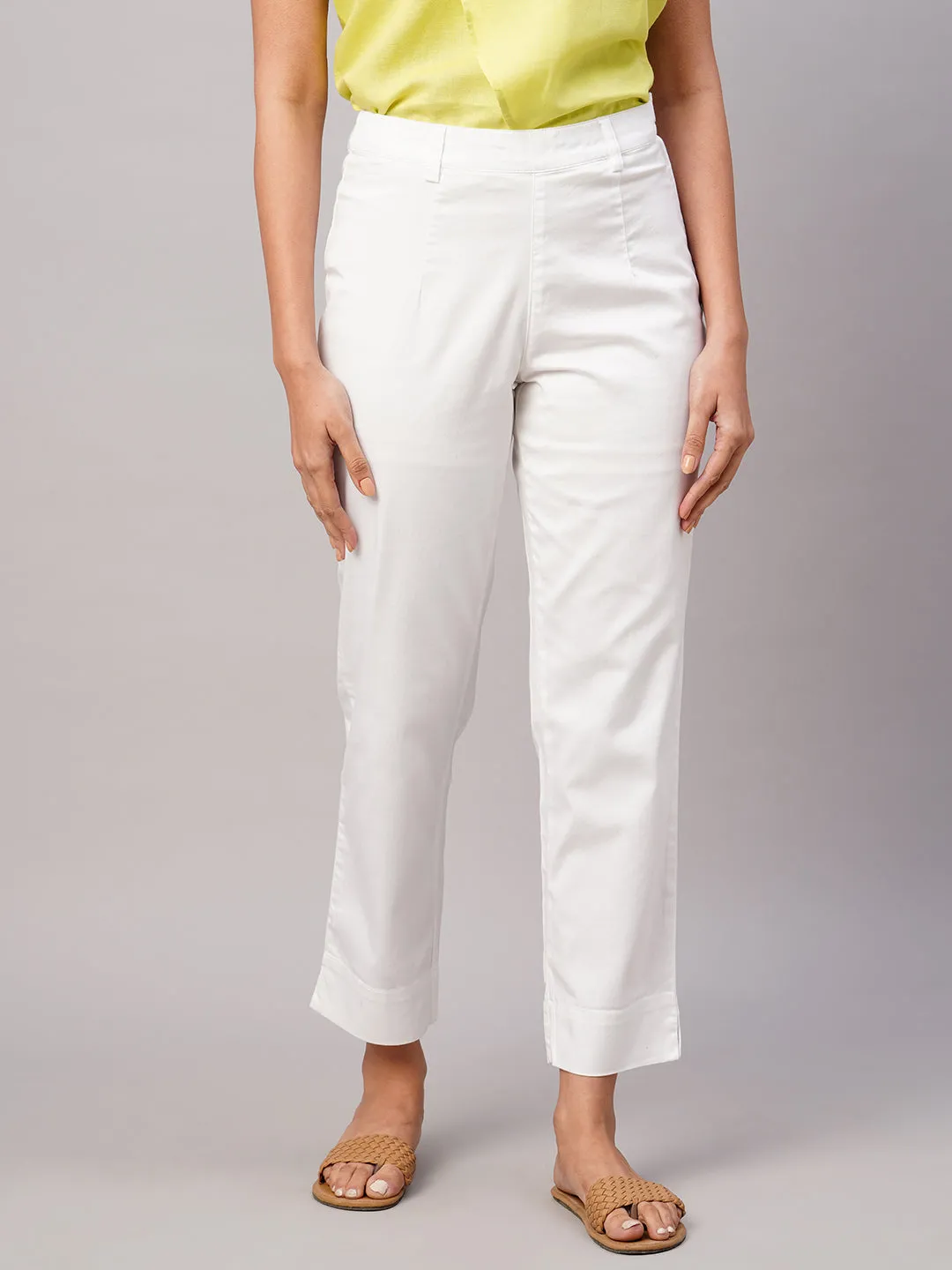 Women's White Cotton Lycra Regular Fit Pant